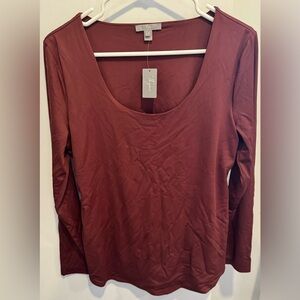 Thyme Maternity stretch round neck top blouse rust red lined office street L